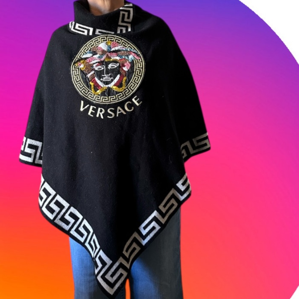 Versace Black and white gray cape/poncho with embroidery and sequins